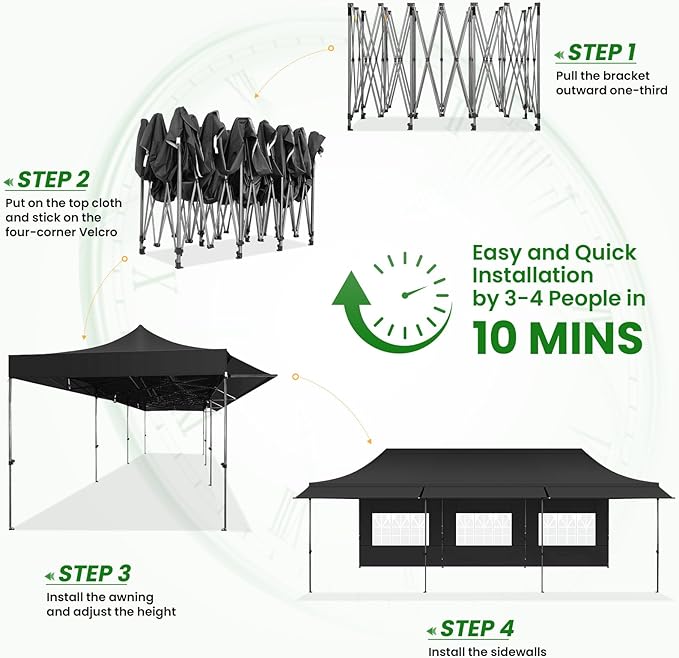 COBIZI 10X30 Pop Up Canopy Tent Heavy Duty with Sidewalls, Outdoor Commercial Canopy with Awning, Waterproof&69 SF Extended Awning, Vendor Tent for Market, Party Events, Black