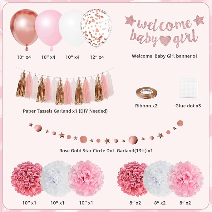 Pink Rose Gold Girl Baby Shower Decorations Welcome Baby Girl Banner, Pom Poms Flowers Tassels, Circle Dots Star Garland, Gender Reveal Birthday Party Supplies