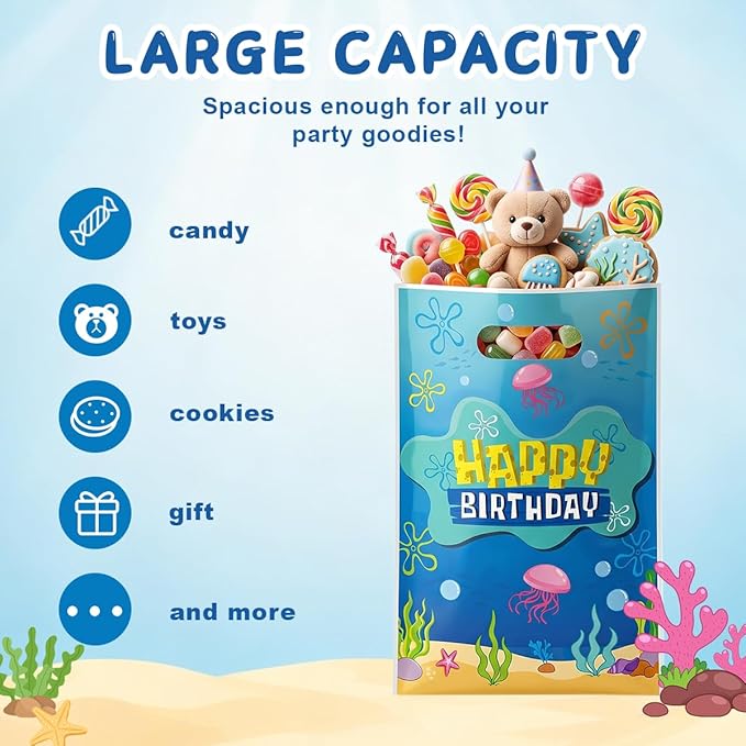 Zeroom Sponge Birthday Party Favor Bags with Handles, 30 Pcs Ocean Theme Birthday Decorations Goodie Goody Bags, Candy Treat Gift Loot Bags for Kids Party Supplies