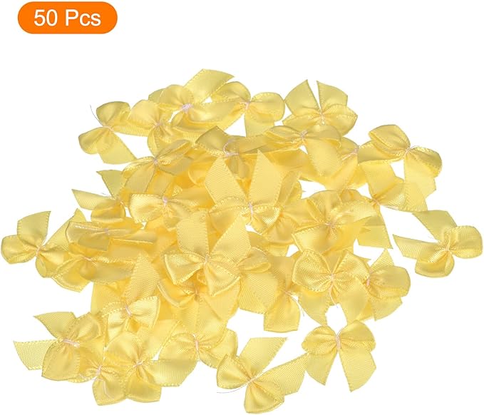 MECCANIXITY 50Pcs Mini Ribbon Bow 1" Mini Fabric Satin Ribbon Flower Bows for Craft DIY Sewing Wedding Birthday Party Yellow