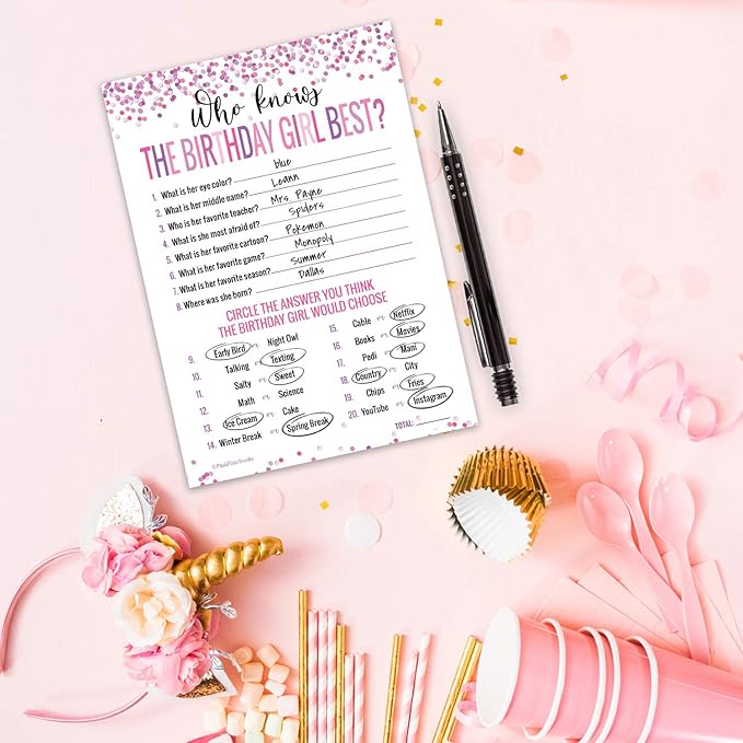 30 Who Knows The Birthday Girl Best Game Cards- for Child or Teen- Fun and Easy Game for Party or Sleepover- Girl Birthday Supplies, Activity, Decorations