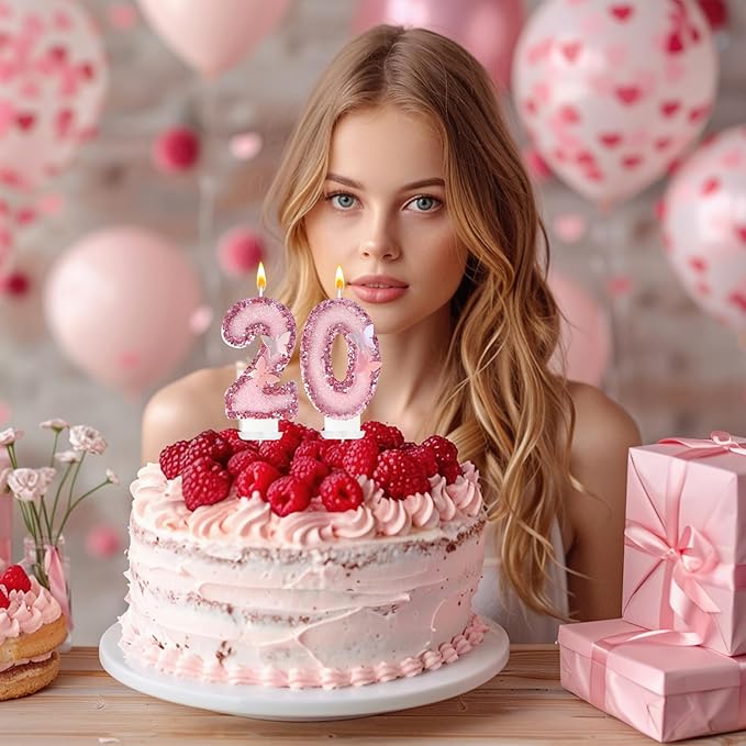 20Th Birthday Candles，Glitter Butterfly Cake Toppers Pink Sequins Wedding Numeral Cupcake Decorations，Suitable for Girl and Boy Wedding Cakes, Party Celebrations, Birthday Decorations (20)
