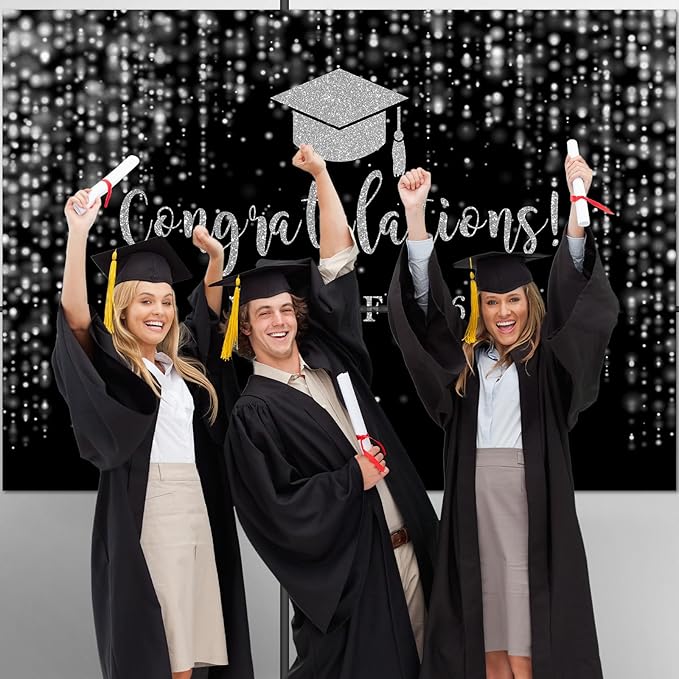 Mocsicka Class of 2026 Backdrop Black Silver Glitter Bokeh Graduation Party Background 2026 Congrats Grad Prom Party Cake Table Decoration Photo Booth Props (8x6ft)