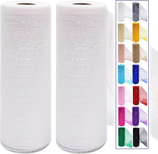 2 Pcs White Deco Mesh Ribbon Rolls 10 Inch 10 Yards(30 ft) Decorative Mesh Fabric with Foil for Wreaths Christmas Tree Ribbon Door DIY Craft Halloween Decor Wedding Party Supplies (White, 2Pcs)