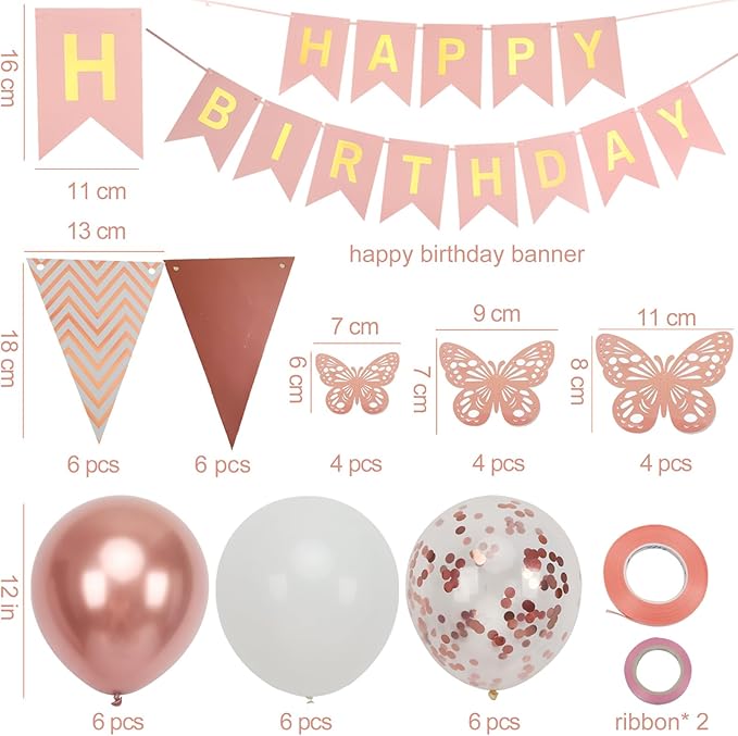 Rose Gold Birthday Decoration, 18 pcs 12 inch Happy Birthday Banner with Butterfly Stickers and Balloons for Girl and Women Happy Birthday Decorations