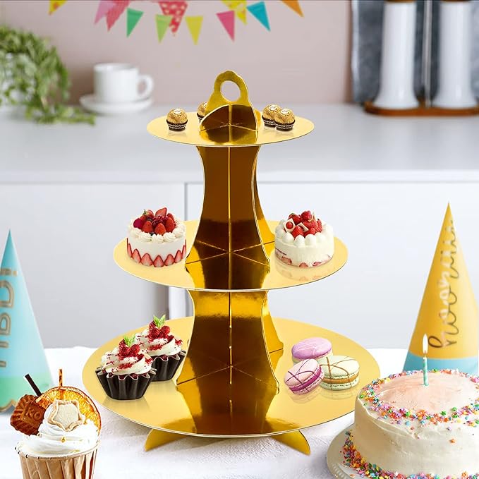Soleebee 3-Tier Round Cupcake Stand, Cardboard Cupcake Tower, Dessert Cup Cake Stand Tower for Birthday Wedding Party Decoration, Cupcake Tier Stand 2 Set (Gold)