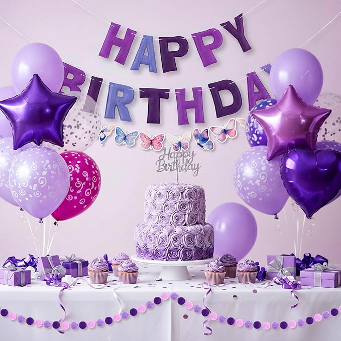 Mindsoft Pre Strung 3 Pcs Happy Birthday Banner Felt Ball Garland Butterflies Banner Reusable Bulk purple Birthday Decorations for Girls Boys Women Men