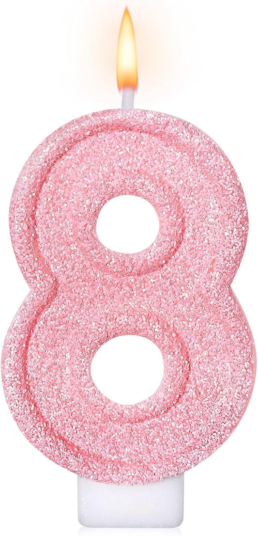 Cute Number 8 Birthday Candle, Glitter Pink Number Candles, Birthday Cake Topper Decoration, Party Supplies Anniversary Celebrations