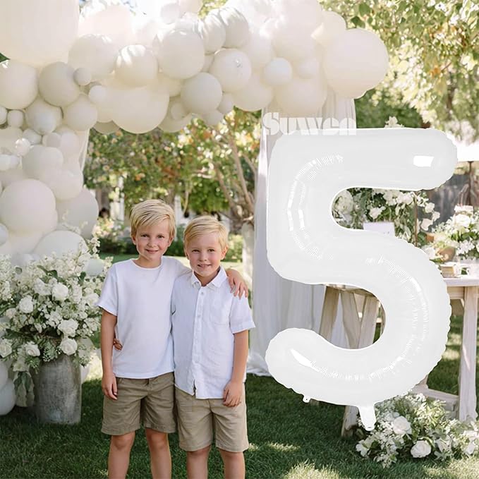 SUWEN 40 Inch White Large 5 Balloon Number Big Foil Helium Number Balloons 0-9 Giant Jumbo Happy 5th Birthday Party Decorations for Boy or Girl Huge Mylar Anniversary Party Supplies