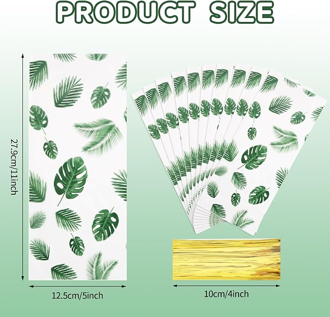LEOSINDA100 Pcs Gift Wrap Cellophane Treat Bags, 5 X11 Inch Hawaiian Palm Leaf Cellophane Candy Bags with for Candy,Cookies,Wedding Bridal Decorations Birthday,Valentine Party with Twist Ties