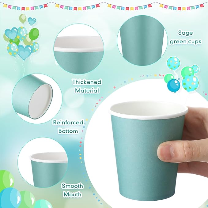 200 Pcs Sage Green Paper Cups 7 oz Disposable Party Cups Bulk for Birthday Rainbow Party Supplies DIY and Holiday Hot Cold Beverage