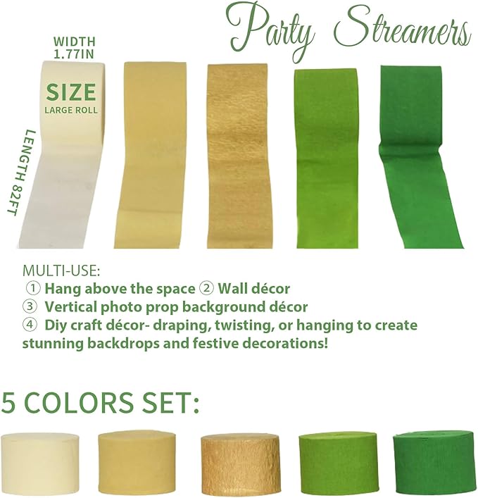Birthday Party Decorations, Green Gold Crepe Paper Streamers Party Decorations(5 Rolls) for Camp Bachelorette, Baby Shower, Bridal Shower, Engagement- Wild Jungle Woodland Safari Forest Theme Decor