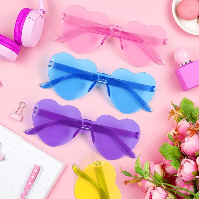 14 Pack Heart Shaped Sunglasses for Women Rimless Heart Glasses Bulk Mardi Gras Candy Color Sunglasses for Party
