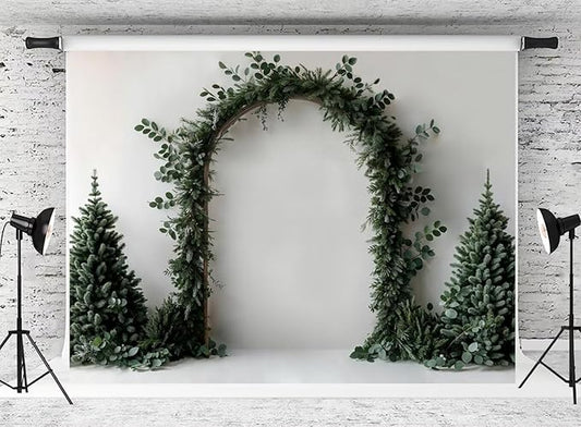 Kate Christmas White Arch Wall Backdrop Dark Green Christmas Trees Background Greenery Archway Winter Photo Background Studio Props,8x6ft