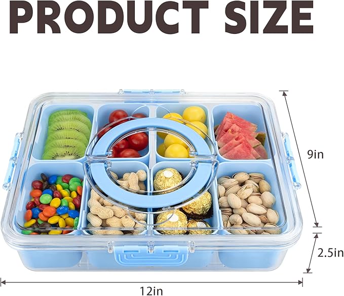 Divided Serving Tray with Lid and Handle,8 Compartments Snacks Box,Snack Fruit Veggie Tray,Portable Platter for Candy Fruits Nuts Snack Party Entertaining Picnic (2PCS Blue)