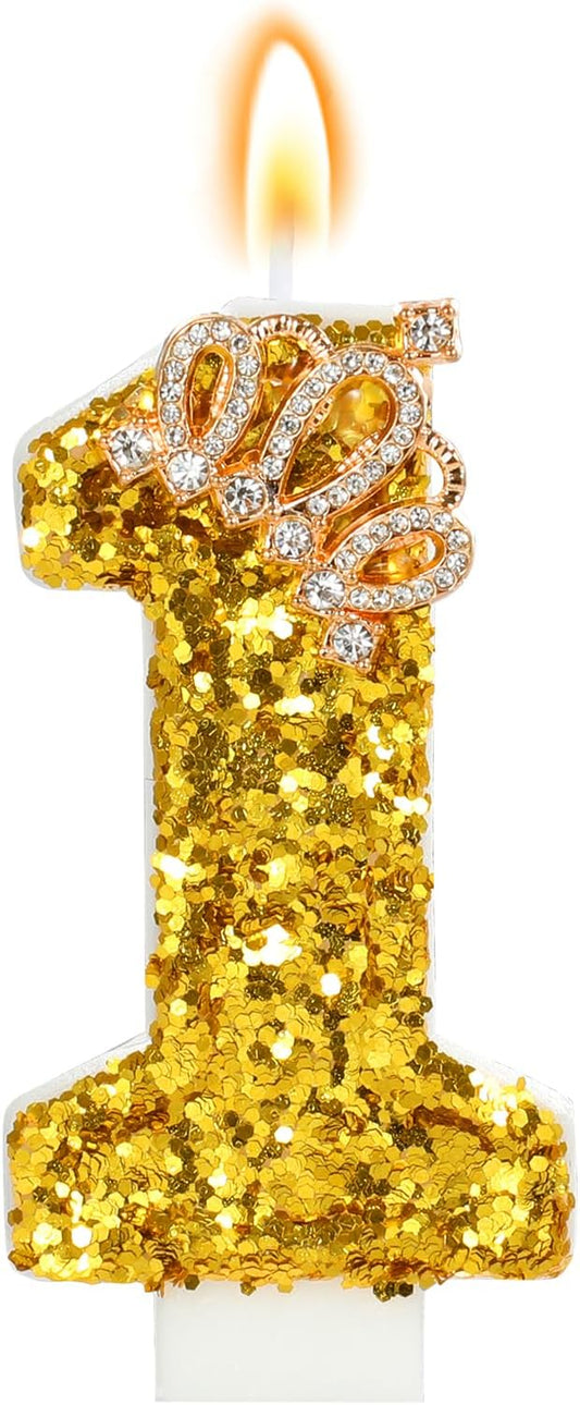 Gold Birthday Candle Crown Number 1 Candle with Sequins 1st Cake Candles Cupcake Decorations Party Decor for Anniversary Celebrations Supplies