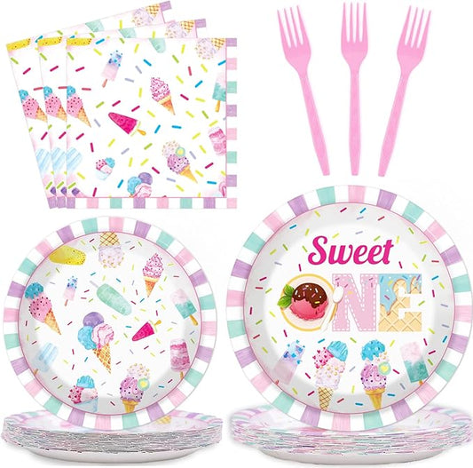 chiazllta 96Pcs Sweet One Ice Cream 1st Birthday Party Paper Plates and Napkins Supplies, Ice Cream First Birthday Tableware Decorations for Party Favors 24 Guests