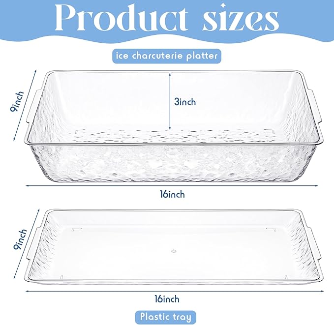 Baderke 4 Set 16" x 9" Plastic Chilled Serving Tray for Parties with Compartments Ice Chilled Party Platter Charcuterie Serving Board Cold Dish Dip for Fruit Seafood Vegetable Appetizer (Clear)