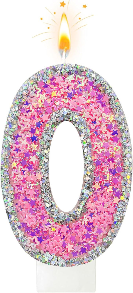 Number 0 Birthday Candle for Cake – Silver Glitter Edge with Pink Star Confetti – Decorative Number Cake Topper for Anniversary & Celebration Party Decor