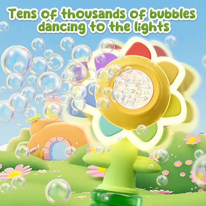 2 Pack Rechargeable Flower Bubble Guns for Kids W/LED Lights & 10 Refill Solutions, Fun Swing Dance Bubble Maker Machine Blower Blaster Toys,Outdoor Summer Play, Easter, Birthday Party Favors & Gifts