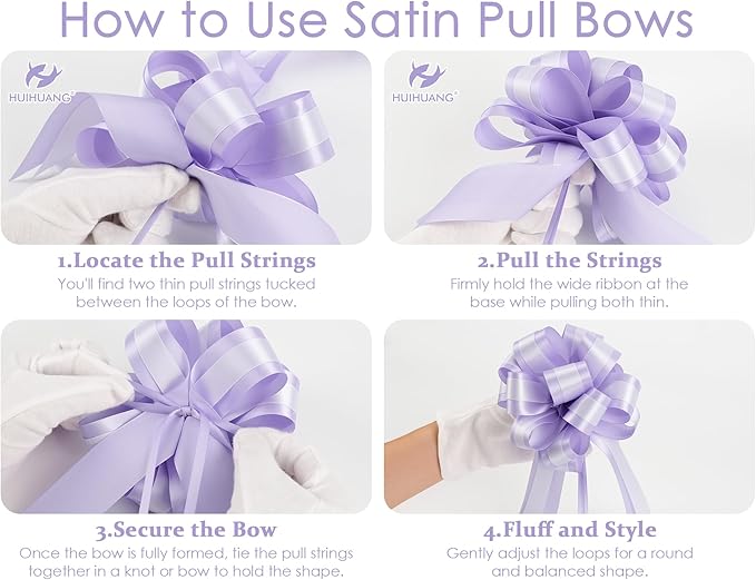 HUIHUANG Purple Bows for Gift Wrapping 6" x 10" Lilac and Purple Double Layer Satin Pull Bows 12 PCS Gift Bow for Presents, Easter Gift Basket, Gift Box, Birthday Wedding Party Decor