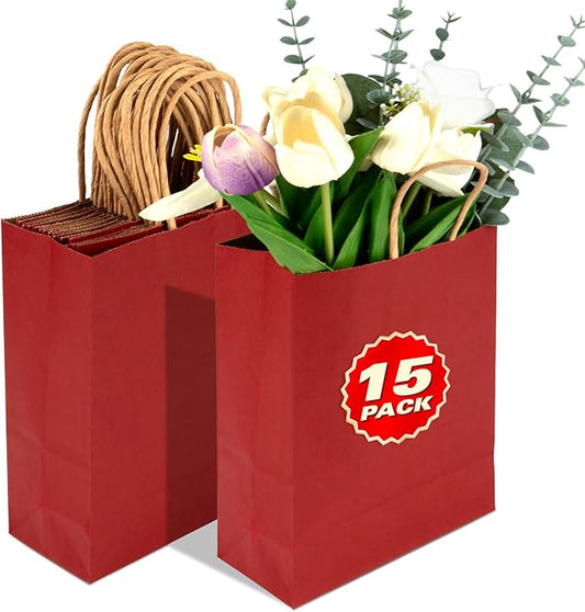 MAQIHAN 15 PCS Small Kraft Bags with Handles - Christmas Kraft Paper Bags Red Paper Craft Bag with Candy Birthday Party Favor Shopping Small Business
