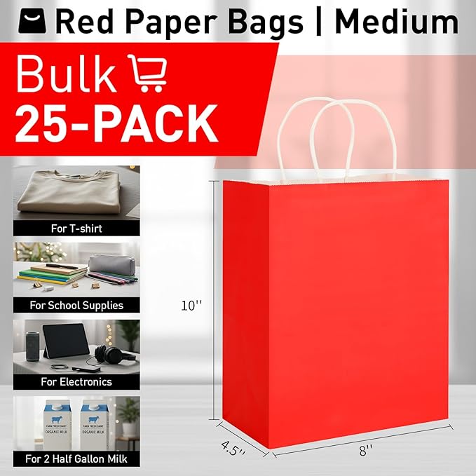 SUNCOLOR 25 Pack Red Gift Bags with Handles – 8x4.5x10 Medium Bags for Shopping, Retail, DIY, Wedding, Party Favors & Valentine's Day
