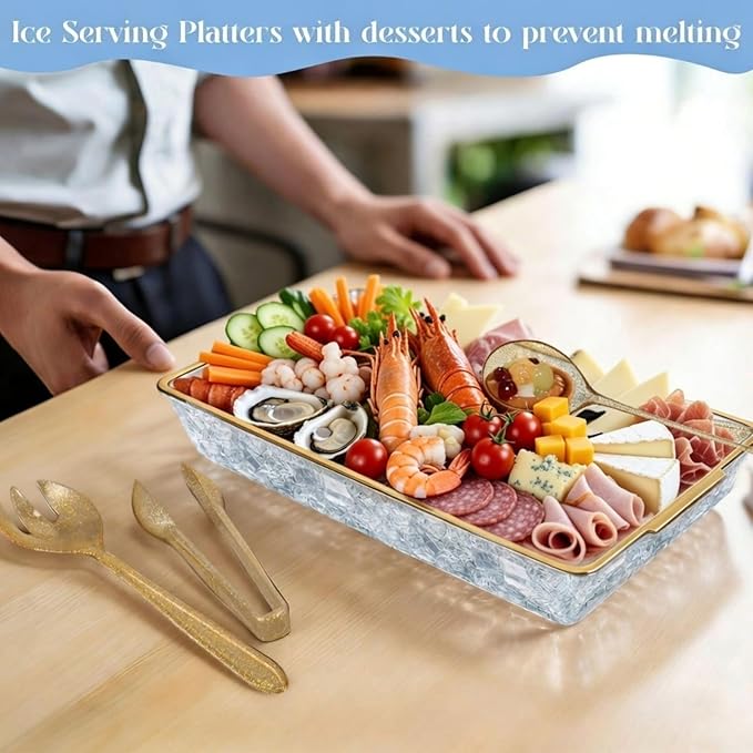 Baderke 16" x 9" Chilled Serving Tray for Parties with Compartments Ice Chilled Party Crudite Platter Charcuterie Serving Board Cold Dish Dip with Tableware for Seafood Vegetable (Gold Glitter)