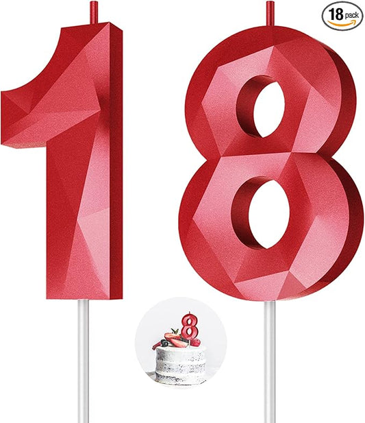 Number Birthday Candles(18 Candle Red) 3D Diamond Shape Number Happy Birthday Cake Candles for Birthday Party Wedding Decoration Reunions Theme Party
