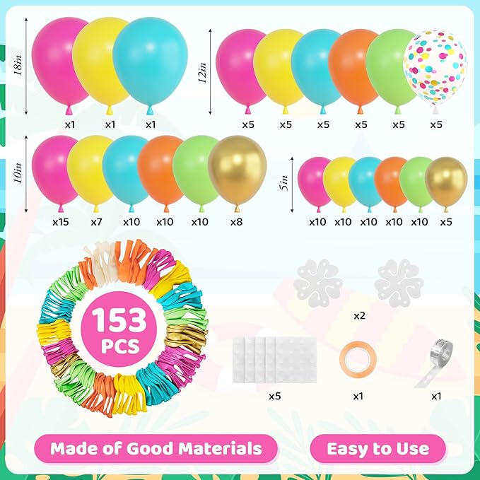 Amandir 153pcs Tropical Balloons Arch Garland Arch Kit, Different Sizes 18 12 10 5 inch Hot Pink Green Blue Latex Metallic Confetti Luau Balloons for Summer Beach Aloha Hawaiian Pool Party Decoration