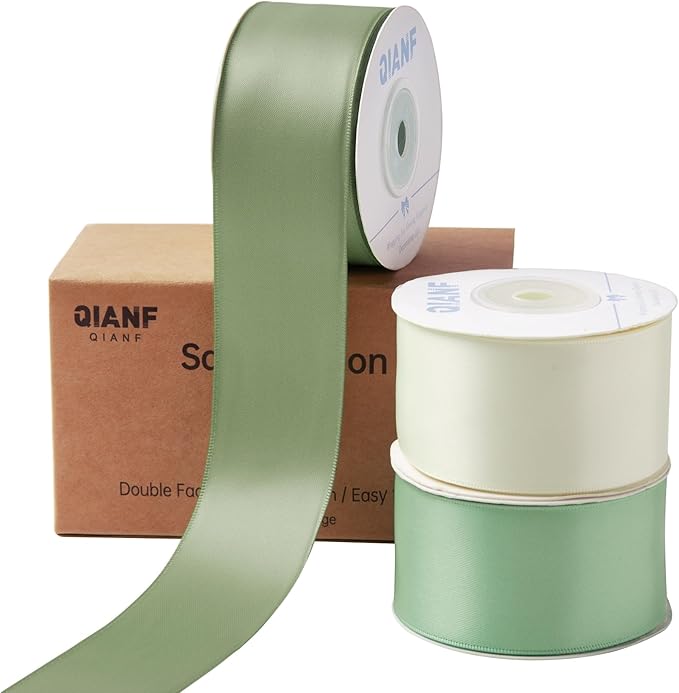 QIANF Sage Green Double Face Satin Ribbon 1-1/2 Inch x 45 Yards Moss Green Cream Fabric Ribbon for Gift Wrapping, Flower Bouquets, Bows Making, Wedding Decor, Invitations, Christmas (3 Rolls *15Yd)