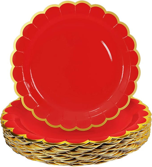 HEIPINIUYE 50 Pieces Red Paper Plates with Gold Foil 7 Inch Disposable Red Scalloped Dinner Plates for Wedding Baby Shower Birthday Party Dessert Plate