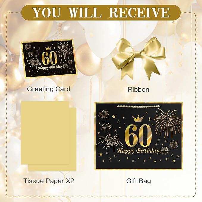 JMANNI Black Gold 60th Birthday Gift Bag with Card and Tissue Paper, 12.6"×9.84"×3.9" Elegant Present Bag for Men Women, 60 Year Old Birthday Keepsake Party Supplies