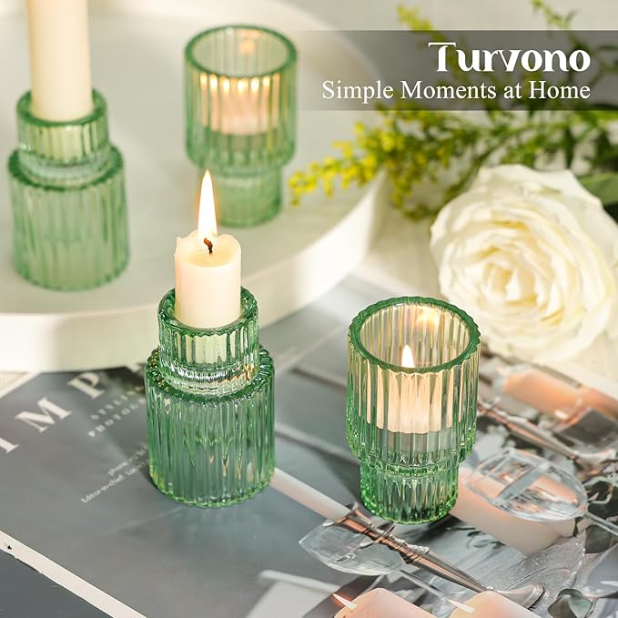 Green Glass Taper Candle Holders Set of 12, Small Tapered Candlestick Holders in Bulk, Modern Short Candle Sticks for Dining Table Centerpiece Wedding Christmas Party & Holiday Decorations