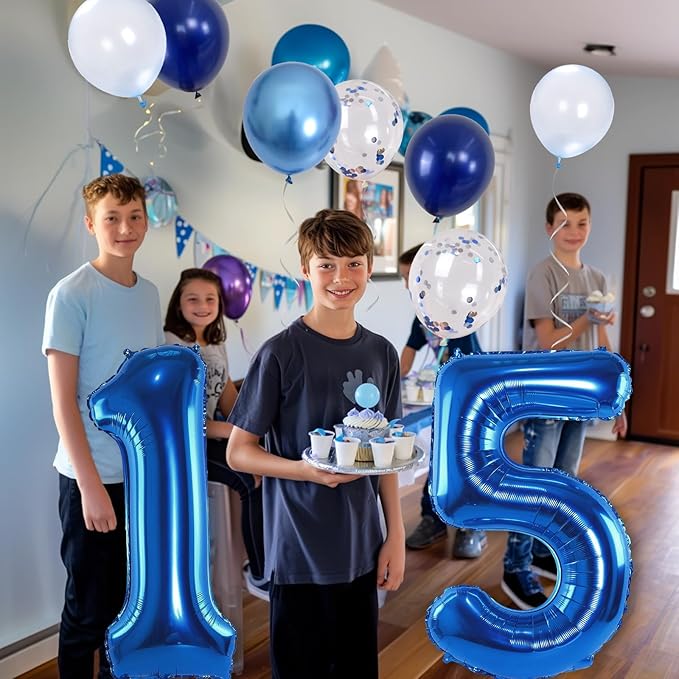 15th Birthday Balloon for Boys, Foil 40 Inch Self Inflating Number 15 Metallic Dark Blue, Navy Blue Mylar Large Balloon with Silver Confetti Latex for Men Birthday Party Decorations