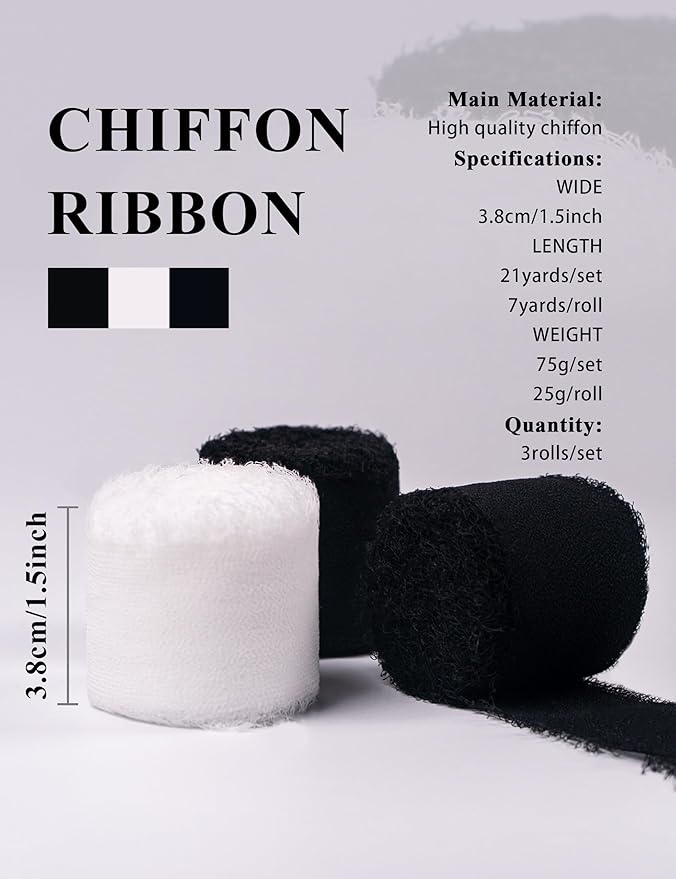 Chiffon Ribbon, Black White 1.5''x21Yd Silk Frayed Fringe Halloween Ribbons for Wrapping, Handmade Ribbon for Floral Vase, Wedding, Graduation, Birthday, Engagement, Bridal Shower, 3 Rolls