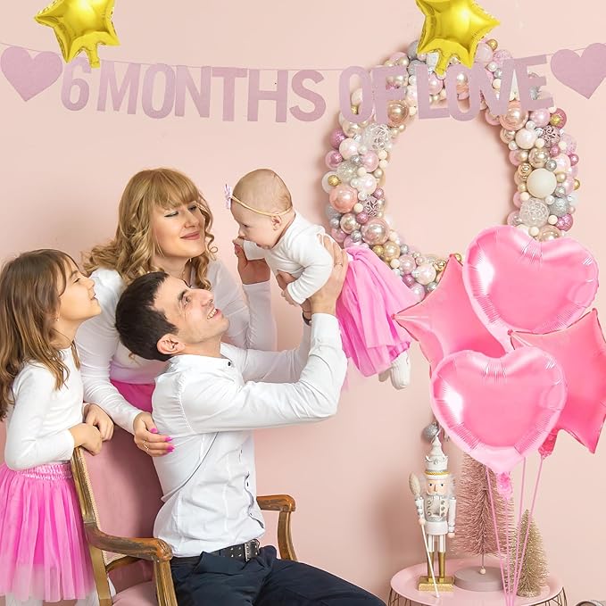 6 MONTHS OF LOVE Banner with Heart Foil Balloons and Star Balloons, Half Birthday and 6 Month Anniversary Decorations for Baby Shower, First Birthday, Couple Celebration, and Romantic Love Party Decor