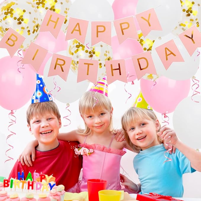 Happy Birthday Banner, Pink Birthday Decoration, 16 pcs 12 inch Happy Birthday Balloons with 2 Ribbons for Girl and Women Birthday Party Decoration