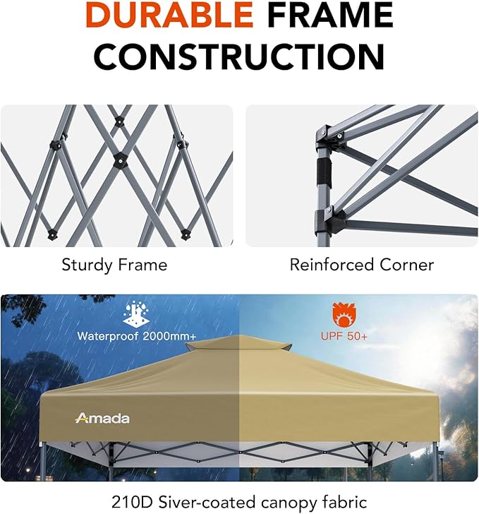 Amada 10x10 Pop Up Canopy - Center Lock One Push Instant Setup Wheeled Gazebo Outdoor Canopy Beach Tent with STO-N-Go Bag 8 Stakes & 4 Sand Bags, 3-Height Adjustable Shade Shelter (10x10ft, Khaki)