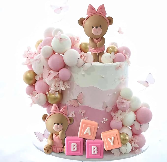 Bear Cake Toppers Balls Cake Decorations with BABY Letters for Baby Shower Gender Reveal Bear Themed Birthday Party Supplies (Girl)