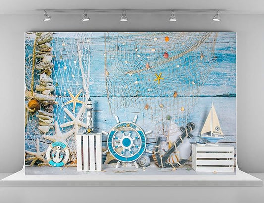 Kate 20x10ft Microfiber Summer Holiday Backdrops for Photography Rudder Helm with Anchor Photo Background Nautical Theme Party Decoration Props Backdrop