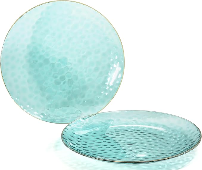 " OCCASIONS " 100 Plates Pack (50 Guests) Wedding Party Disposable Plastic Plate Set -50 x 10'' Dinner + 50 x 7'' Salad/dessert plates (Coastal Clear Blue & Gold)