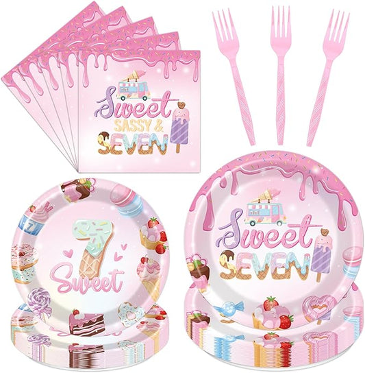 Sweet Sassy and Seven Birthday Decorations Tableware - 7th Birthday Decoration for Girls Disposable Paper Plates and Napkins Decor 7 Years Old Girl Forks Supplies Serve 24