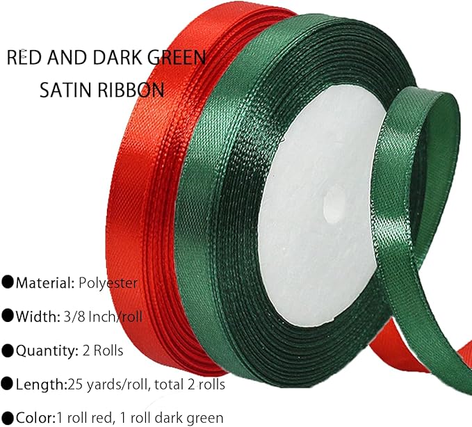 Red Christmas Ribbon, Dark Green Red Satin Ribbon 3/8 Inch 50 Yards Fabric Ribbons for Christmas Party Decorations, Gift Wrapping, Tree Ornaments, Bouquets, Door Wreaths, Bows Making and DIY Crafts