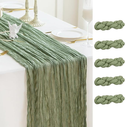 Sioloc 5 Pack Sage Green Cheesecloth Table Runner 120'' x 35'',Spring Easter Decor Soft Gauze Boho Wedding Table Decor for 10ft Table Birthday Party,Baby Shower, Bridal Shower, Home & Event Decor