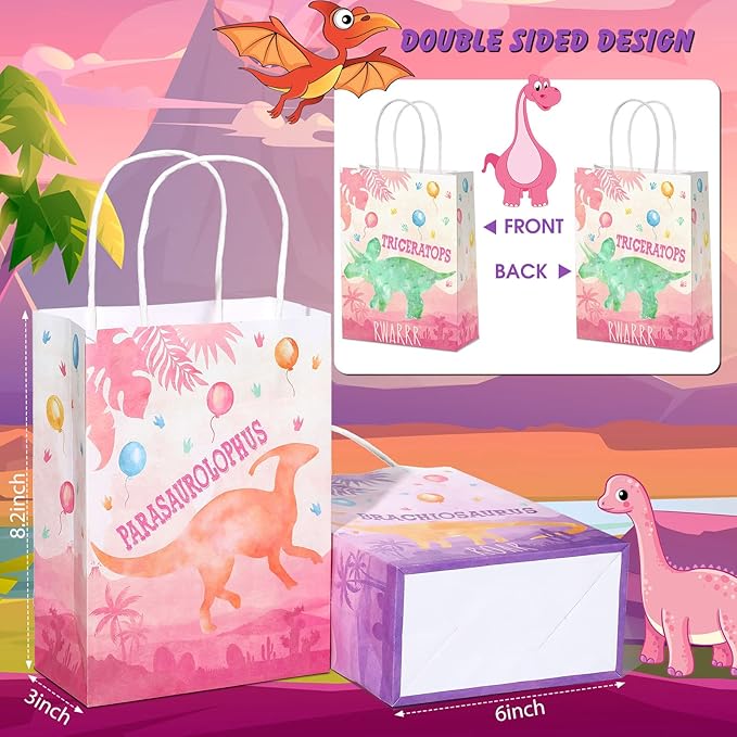 Pajean 24 Pcs Dinosaur Candy Bags with Handle, Dinosaur Party Favor Paper Bags Kids Gifts Goodie Treat Wrapping for Boys Girls Dino Theme Birthday Baby Shower Party Supplies(Dino Girl)