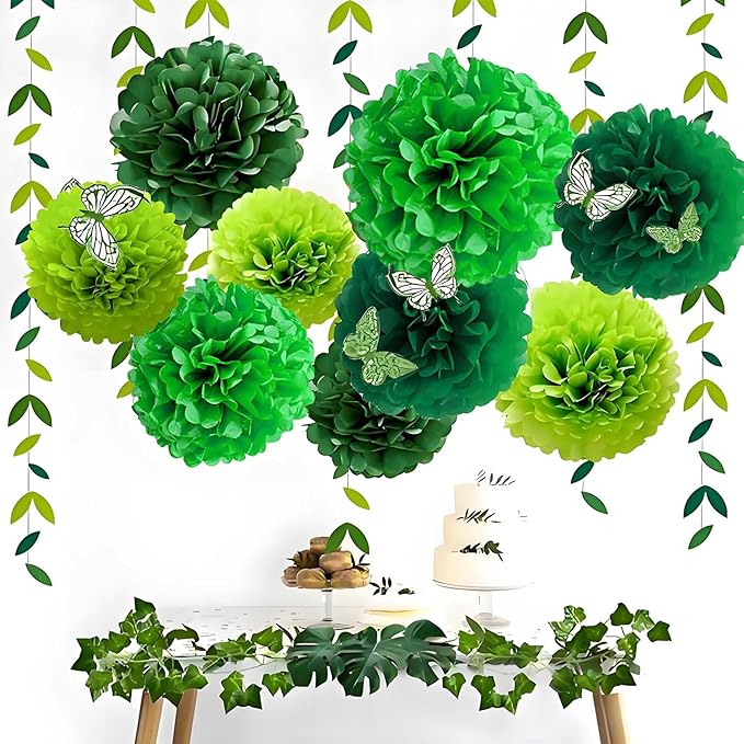 Green Tissue Paper Pom Poms 12Pcs- Hanging Paper Flowers for Wedding Birthday Graduations Christmas and Special Occasions(8 &10 & 12 inch)