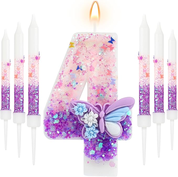 AKURIEEY Butterfly 4th Birthday Candle Purple Number 4 Candle with 6 Pcs Long Candles for Girls Cake Topper Cupcake Decor Party Decoration Anniversary Celebrations Supplies
