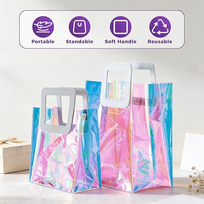 20 Pcs Reusable Holographic Medium Gift Bags with Handle 11''x9.8''x5.7'' Iridescent Bachelorette Party Favor Bags Clear PVC Tote Goodie Bags for Shopping, Picnics, Baby Showers, Weddings, Holidays