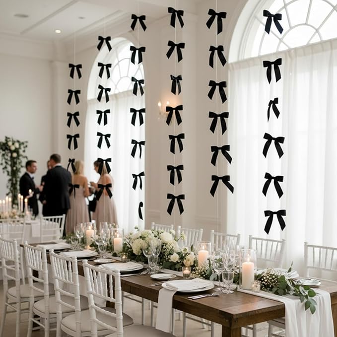 Taobary 8 Pcs 6.6 ft Bow Garland, Satin Ribbon Bow Banner Coquette Hanging Ornament for Photo Backdrop Birthday Party Wedding Bridal Baby Shower Wall Decorations(Black,1 Inch)
